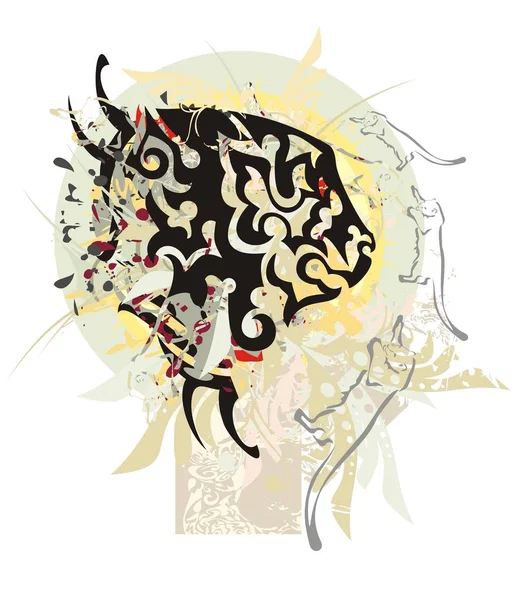 Grunge lejonhuvud mot utsmyckade solen Royaltyfria illustrationer