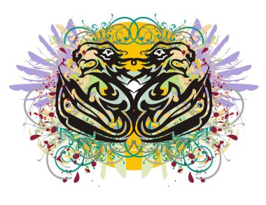 Grunge stilize balıklar ve aslanlar kafa