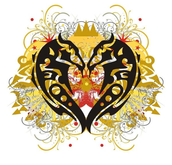 Coeur tribal orné éclaboussures avec une couronne — Image vectorielle