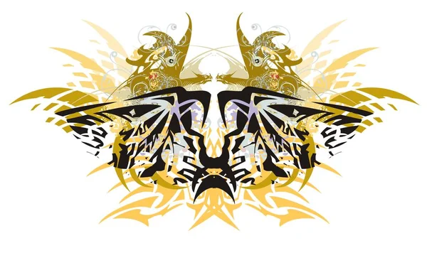 Grunge pico águila mariposa con dragones alados de oro — Vector de stock