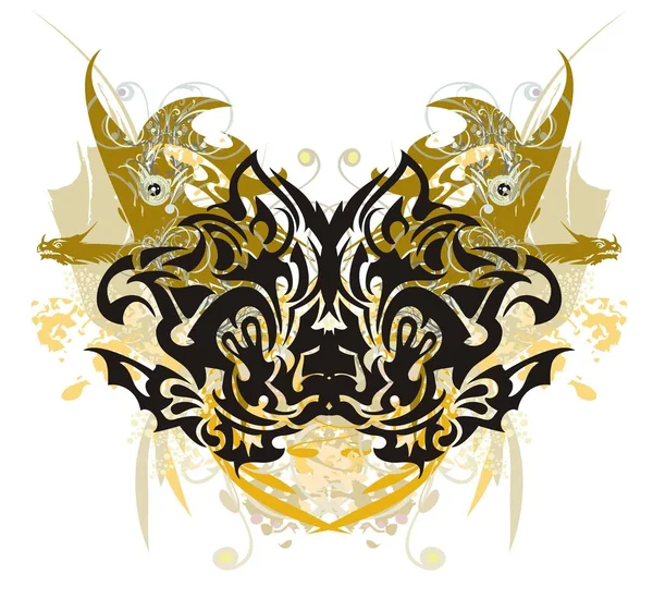 Grunge papillon stylisé avec des dragons ailés d'or — Image vectorielle