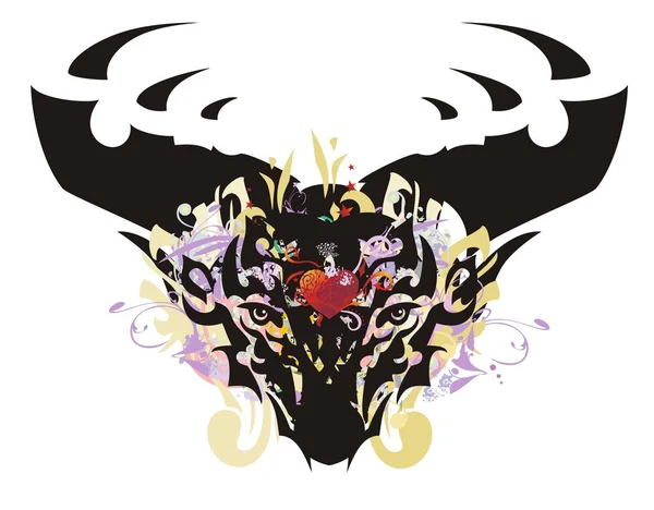 Grunge głowa jelenia z czerwonym sercem — Wektor stockowy