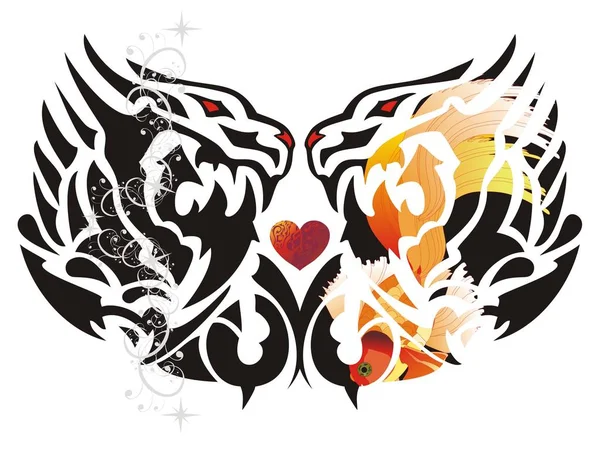 Símbolo dragón doble con corazón rojo — Vector de stock