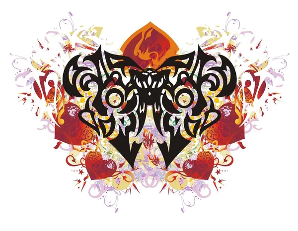 Grunge mystique papillon avec des cœurs rouges — Image vectorielle