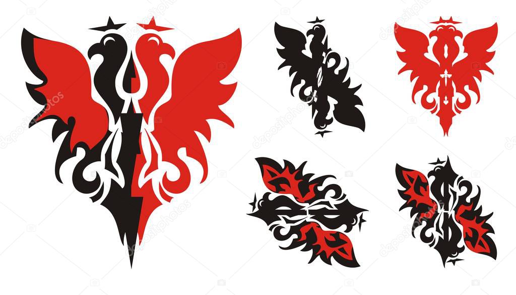 Two-headed red and black eagle symbols