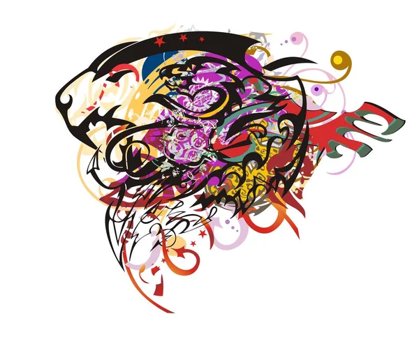 Grunge Leeuw hoofd kleurrijke spatten — Stockvector