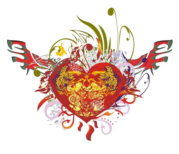 Coeur rouge orné avec ailes — Image vectorielle