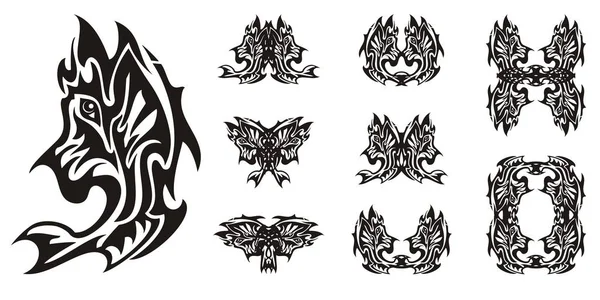 Tribal ornate fish and double fish symbols — Stock Vector