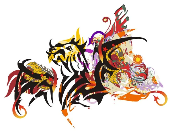 Grunge Éclaboussures Dragon Ailé Tribal Majestueux Dragon Cornes Aux Ailes — Image vectorielle