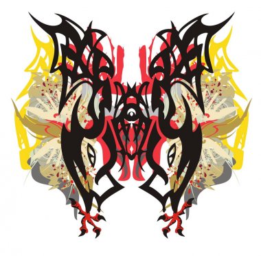 Kabile renkli fantastik tropikal kelebek. Grunge mistik kelebek kanatları dekoratif elemanları tarafından kartal tüyleri oluşmuş ve pençeleri ile kan damlaları