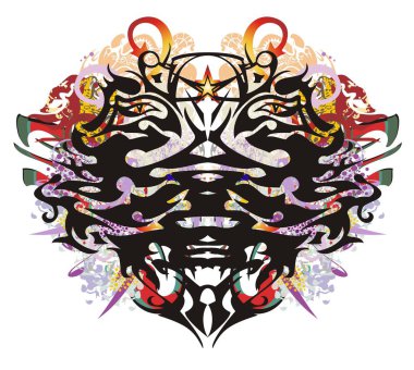 Grunge çift kartal baş sembolü. İki başlı kaprisli kartal doğrusal desenler, oklar ve renkli süslü öğeleri arka planı