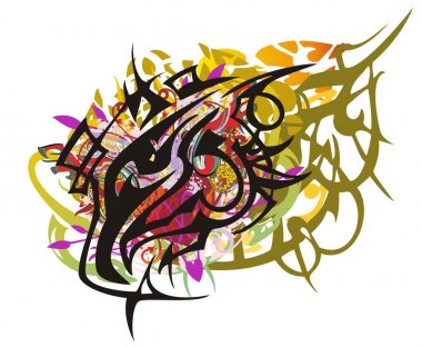 Grunge renkli kartal baş sıçraması. Kabile bitkin kartal başını kırmızı kalp, sargı elemanları, renk beyaz bir arka plan üzerinde su sıçramalarına