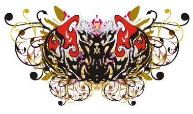 Kabile kartal kelebek çiçek sıçraması. Grunge fantastik kelebek renkli twirled çiçek elemanları ile kartal başkanları tarafından oluşturulmuş