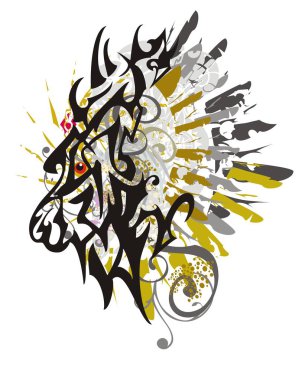 Grunge doğrusal Geyik kafası tüyleri ile. Renk sıçramalarına soyut gizemli baş beyaz bir arka plan üzerinde bir geyik