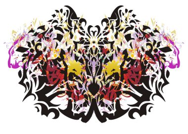 Renkli kelebek dövmesi. Soyut kelebek kanatları kırmızı Kalpler, altın su sıçramalarına ve Aslan'ın kafaları arka planı