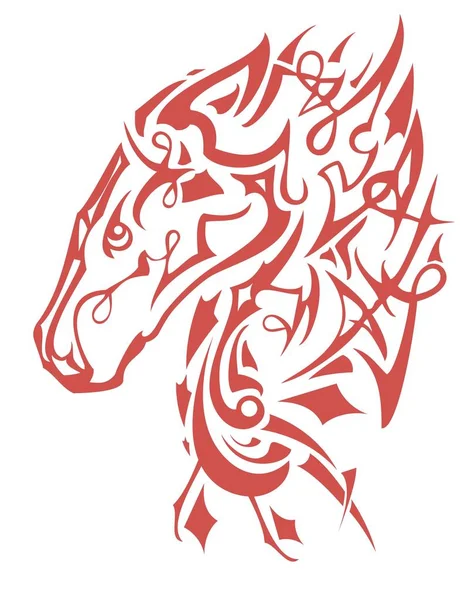 Vlammende Decoratieve Paard Hoofd Symbool Tribal Piek Gedessineerde Mustang Hoofd — Stockvector