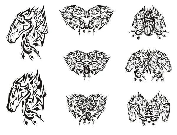 Symboles Tête Cheval Noir Orné Papillons Linéaires Fantastiques Tribaux Formés — Image vectorielle
