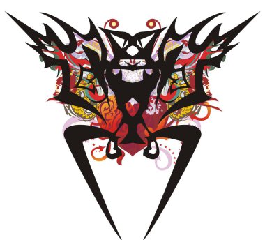 Grunge kabile yarasa simgesi kırmızı kalp ile. Kırmızı kalp arka plan ve oklarla twirled dekoratif çiçek öğeleri karşı etnik yarasa kadar yükseldi