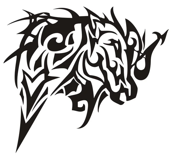 Tribal Animal Horse Head Black White Tones Silhouette Aggressive Awful — Stock Vector