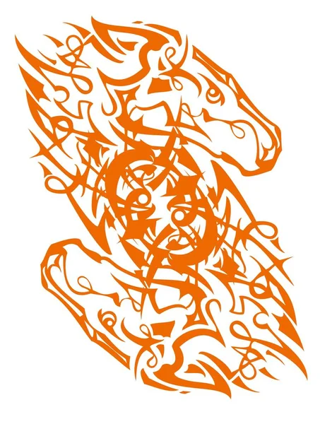 Dubbel Häst Huvud Dekorativa Symbol Tribal Nådde Mönstrad Orange Dubbel — Stock vektor