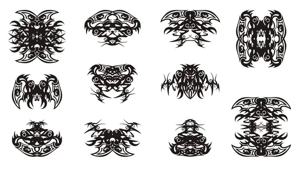 Doble Decorativo Elementos Tribales Inusuales Estilizados Fantásticos Símbolos Étnicos Abstractos — Archivo Imágenes Vectoriales