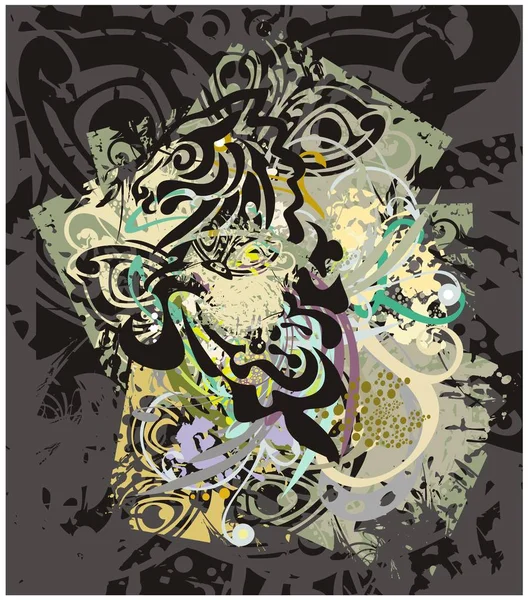 グランジ テクスチャ背景花の要素を持つ 部族の抽象的な馬の頭 質感の黒の背景にカラフルな花蝶をこぼしたりと要素 — ストックベクタ