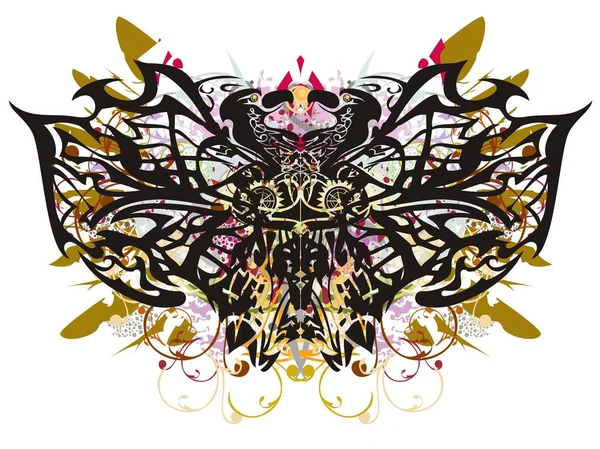 グランジ素晴らしいカラフルな蝶のはね 直線パターン 色花しぶき黄金の羽とイーグル ヘッドによって形成される抽象的な装飾的な蝶の羽 — ストックベクタ