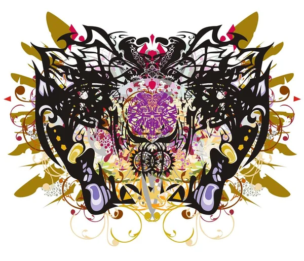 花の要素と詳細な蝶の羽 直線パターン カラフルな花しぶき黄金の羽とイーグル ヘッドによって形成される抽象的な幻想的な華やかな部族の蝶翼 — ストックベクタ