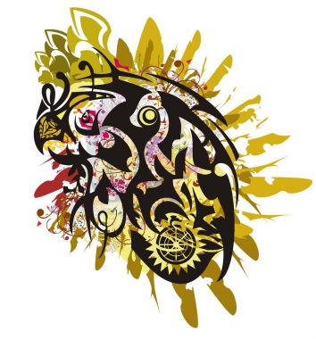 Grunge papağan baş su sıçramalarına altın tüyleri ile. Kabile fantastik papağan kanat ve renkli unsurlar ile çiçek öğeleri, beyaz bir arka plan üzerinde doğrusal desenleri döndürdüm. Elle çizilmiş illüstrasyon