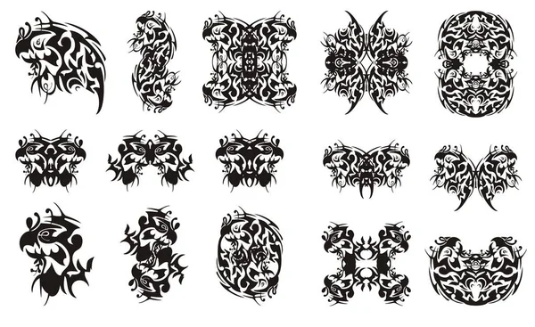 華やかな珍しい部族オウムのシンボル 幻想的なオウムの頭を抽象的なダブル シンボルとオブジェクトから形成されます 白地に黒 — ストックベクタ