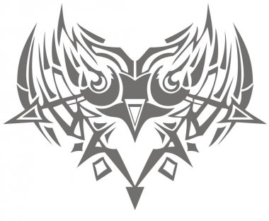 Kabile stili oklarla süslü baykuş sembolü. Closeup soyut bitkin baykuş sembolü ateş okları tasarımınız için beyaz bir arka planda gri renkte konseptiyle