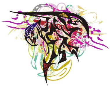 Ejderha formdaki Grunge kabile kartal sembolü. Renkli çiçek sıçraması ve tasarımınız için beyaz bir arka plan üzerinde doğrusal desenleri ile soyut dalgalı detaylı bitkin kartal