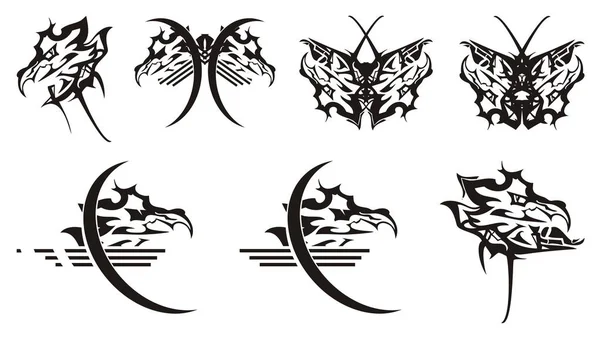 龙头符号和蝴蝶从它 部落侵略头的龙 装饰蝴蝶形成从它为您的设计 黑色白色 — 图库矢量图片