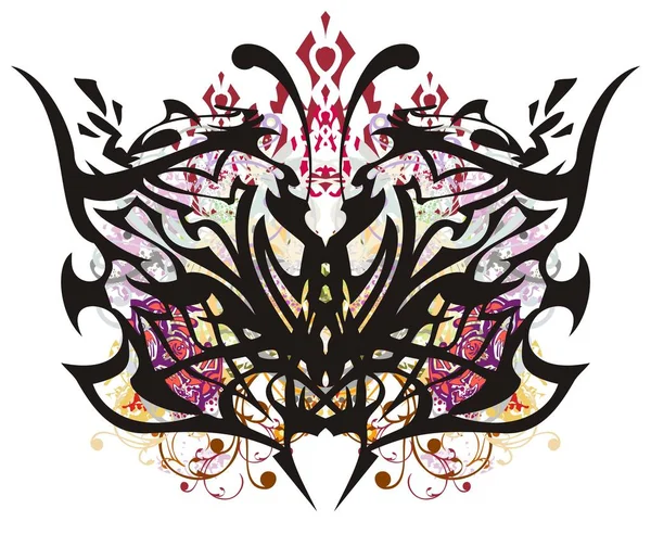 Kolorowy Motyl Wings Kwiatowymi Elementami Starodawny Streszczenie Fantastyczne Motyl Plamami — Wektor stockowy
