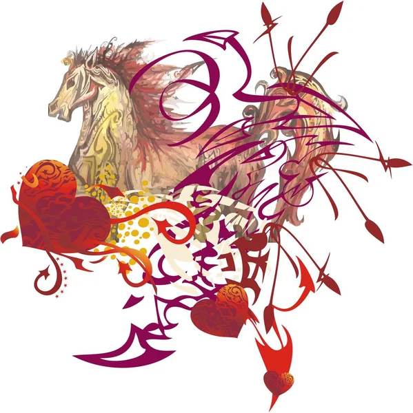 Cavalo Ornamentado Com Corações Vermelhos Flechas Abstrato Com Símbolo Cavalo — Vetor de Stock