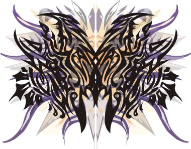 Grunge korkunç renkli kelebek kanatları. Tasarımınız için beyaz arka planda renkli lekeler olan soyut çizgili tehlikeli kelebek sembolü