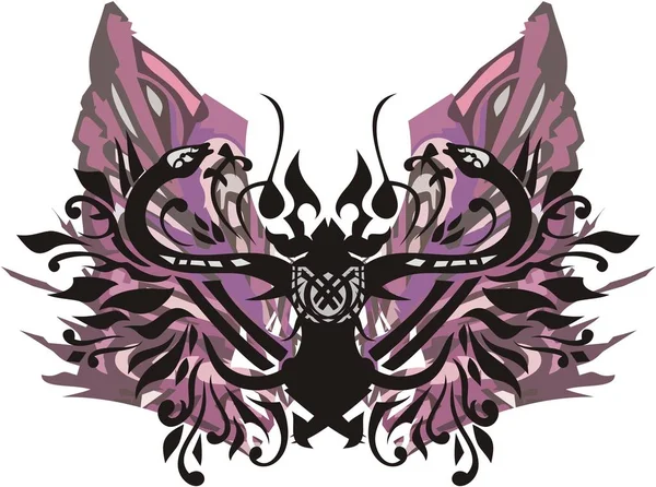 ヘビの要素を持つ民族蝶の翼 抽象紫の翼と装飾的なパターンを持つ珍しい危険な蝶 — ストックベクタ