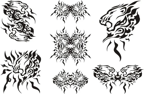 Flaming Tribal Aggressive Lion Head Symbols Isolated White Roaring Lion — Stock Vector