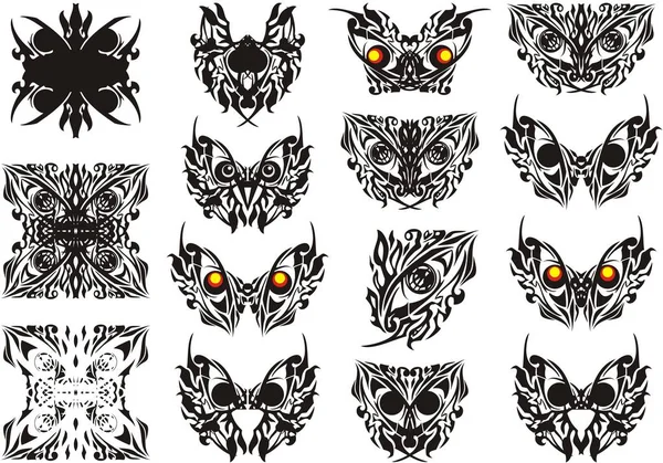Abstrakcyjne Motyle Plemienne Symbole Dekoracyjne Etniczne Symbole Motyla Jak Oczy — Wektor stockowy