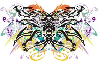 Renkli kelebek kanatları çiçek desenli. Kelebek kanatları at başlı elementler ve grunge stilinde kartallar tarafından oluşturulmuştur.