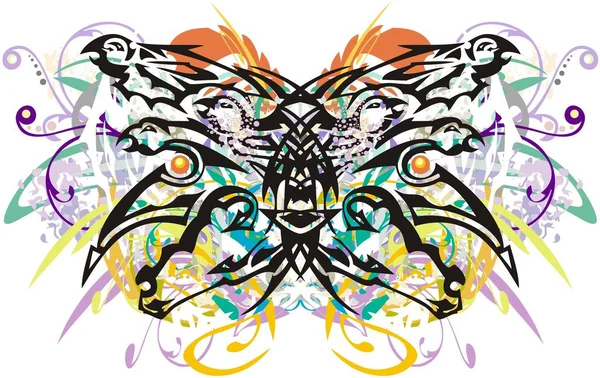 Färgglada Fjärilsvingar Blommiga Stänk Fjärilsvingar Bildade Hästhuvudelement Och Örnar Grunge — Stock vektor