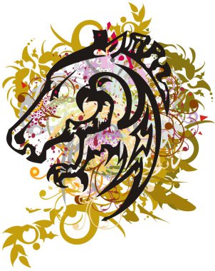 İçinde kartal olan sıçrayan at kafası. İçinde renkli çiçekler ve altın rengi lekeler olan bir kartal tarafından yaratılmış soyut yaratıcı at kafası.