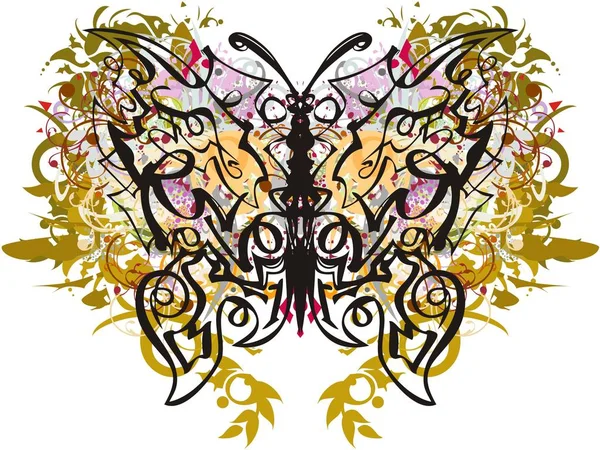 花と黄金のスプラッシュと抽象的な線形蝶 花をモチーフにした美しいカラフルな蝶の羽 — ストックベクタ