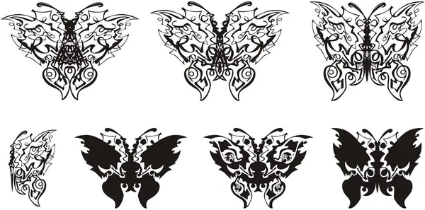 Linear Butterfly Symbols Tattoo Art Beautiful Unusual Silhouettes Ethnic Butterflies — Stock Vector