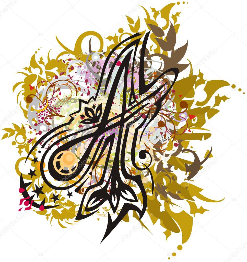 Splattered letter A with golden floral elements. Alphabet symbol - letter A with colorful splashes on a white background