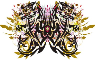 Renkli ejderha kelebeği çiçekleri. Ejderhalar tarafından yaratılmış kelebek kanatları altın elementler ve beyaz arka planda renk sıçramaları.