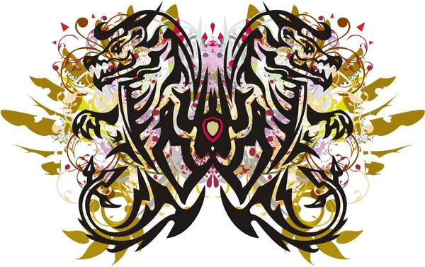 Renkli ejderha kelebeği çiçekleri. Ejderhalar tarafından yaratılmış kelebek kanatları altın elementler ve beyaz arka planda renk sıçramaları.