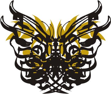 Altın yapraklı siyah kelebek kanatları. Tasarımınız için beyaz zemin üzerinde sanatsal bir çizgi oluşturan soyut kelebek kanatları