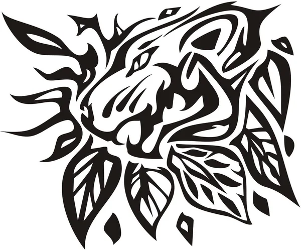 Tribal Tiger Head Leaves Abstract Black Tiger Head Isolated White — Stock Vector