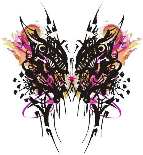 Grunge Ailes Papillon Éclaboussures Colorées Insolite Ethnique Papillon Milieu Violet — Image vectorielle